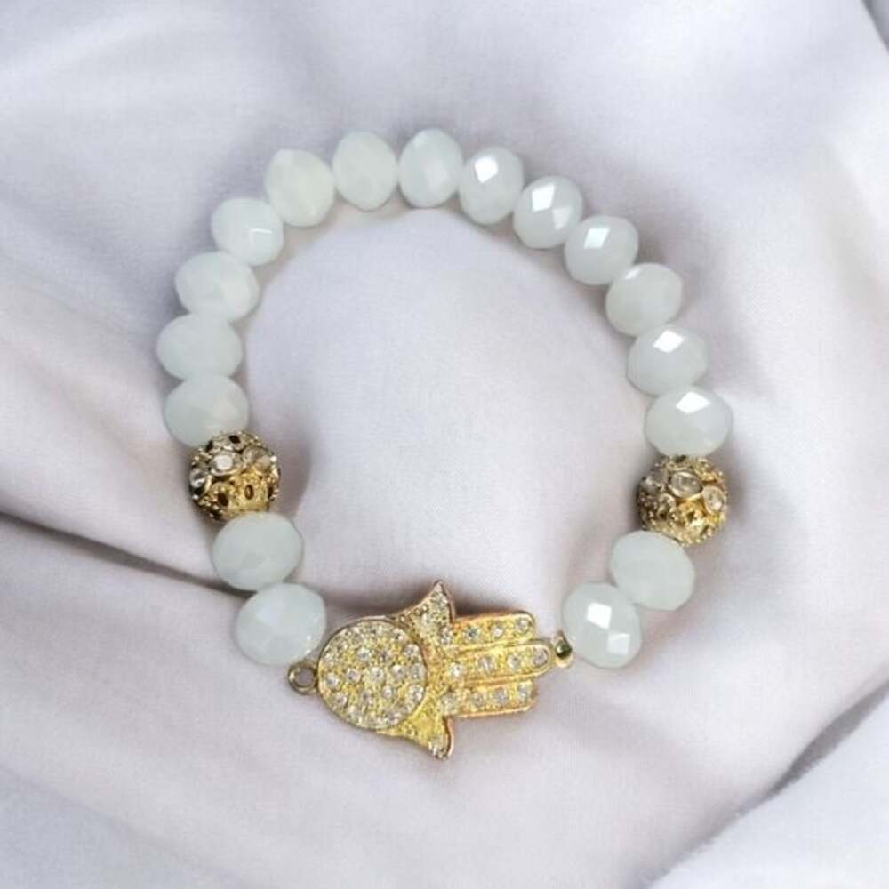 White pearl and gold Rhinestone Hand of Fortune bracelet